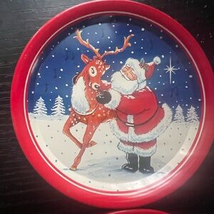 Vintage 1980s Dime Store Christmas Coasters Metal Kitsch Santa Deer set of two